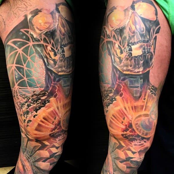 Futuristic tattoo sleeve with a glowing skull, geometric patterns, cosmic elements, and an abstract explosion of light and color.