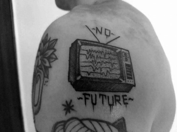 Black ink tattoo of a vintage TV with distorted static on the screen, antennas raised, and "No Future" written above and below in bold lettering.