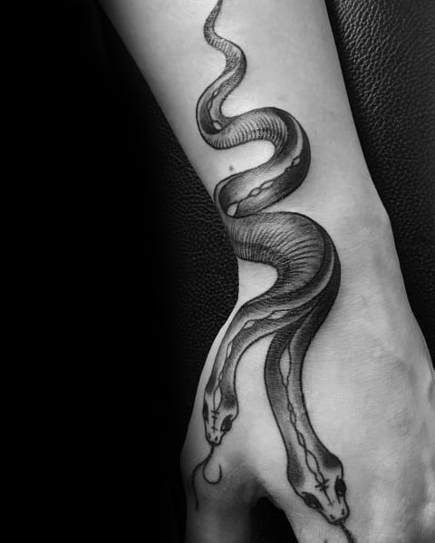 Creative Two Headed Snake Tattoos For Guys On Forearm And Hand