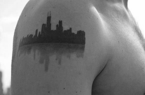 Creative Upper Arm Chicago Skyline Black Ink Shadow Mens Tattoo
