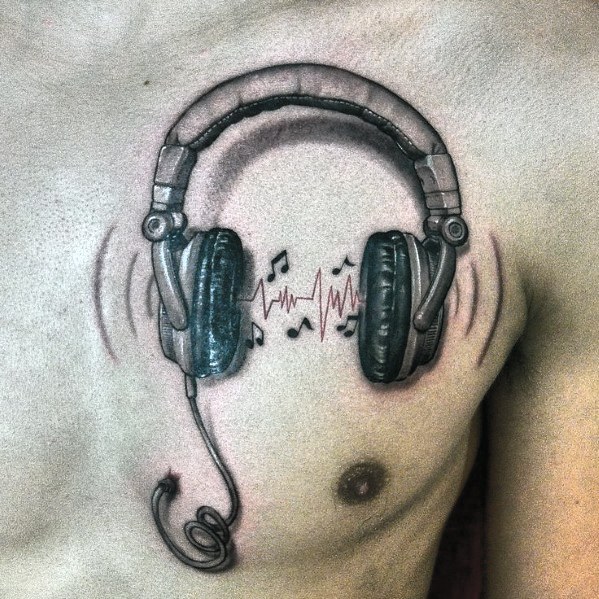 Creative Upper Chest Heartbeat Headphones Tattoos For Men