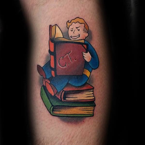 Vault Boy tattoo sitting on stacked books, smiling while reading a large red book marked “C.T.” in a colorful cartoon style.