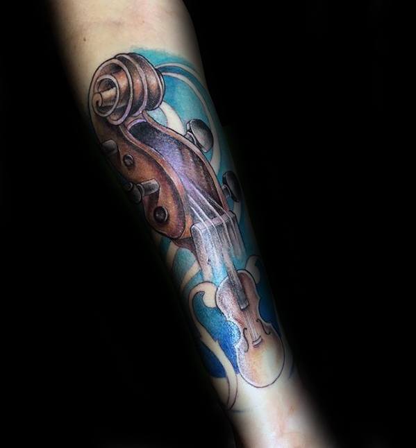 Colorful forearm tattoo of a violin with exaggerated perspective, blending blue abstract waves and clouds in a dynamic, artistic design.