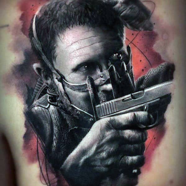Creative Watercolor Chest Mad Max Tattoos For Men