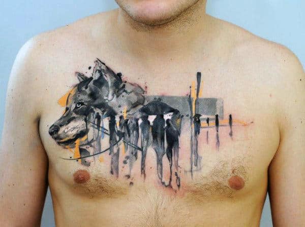Creative Watercolor Male Wolf Chest Tattoo Inspiration