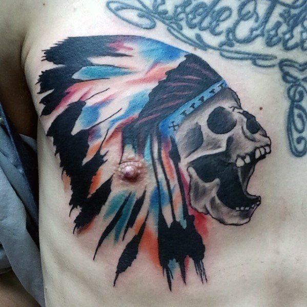 Creative Watercolor Skull With Feather Head Upper Chest Tattoos For Men