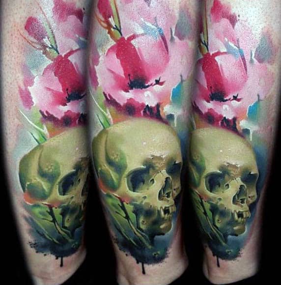 Creative Watercolor Skull With Poppy Mens Lower Leg Tattoos