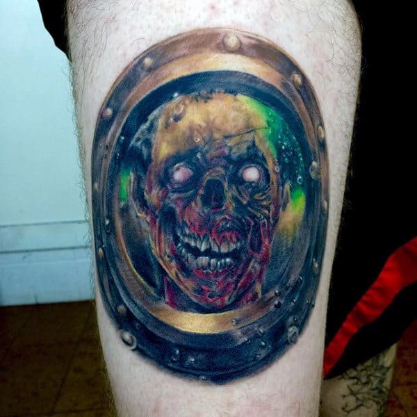 Creative Watercolor Zombie Under Water Looking Through Window Mens Leg Thigh Tattoo