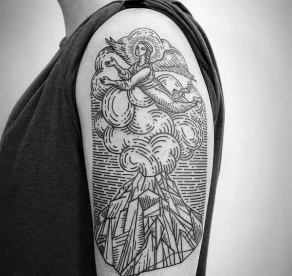 Creative Woodcut Volcano Arm Tattoos For Men