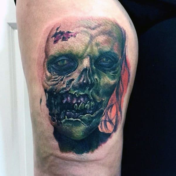 Creepy Zombie Green Ink Tattoo For Mens Leg Thigh