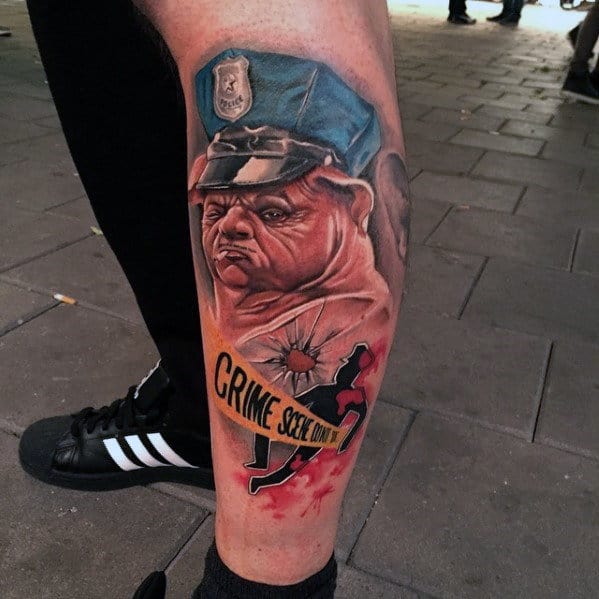 Crime Scene Police Dog Mens Leg Tattoo