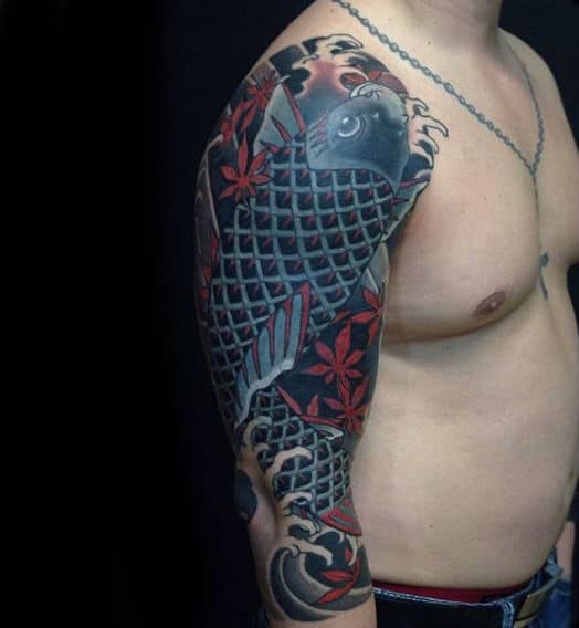 Criss Cross Fish Japanese Sleeve Tattoo For Guys