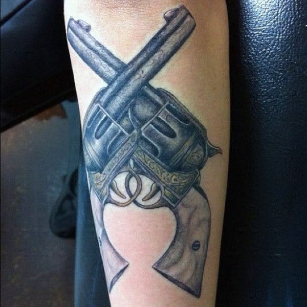 Criss Crossed Pistol Tattoo On Forearms Men