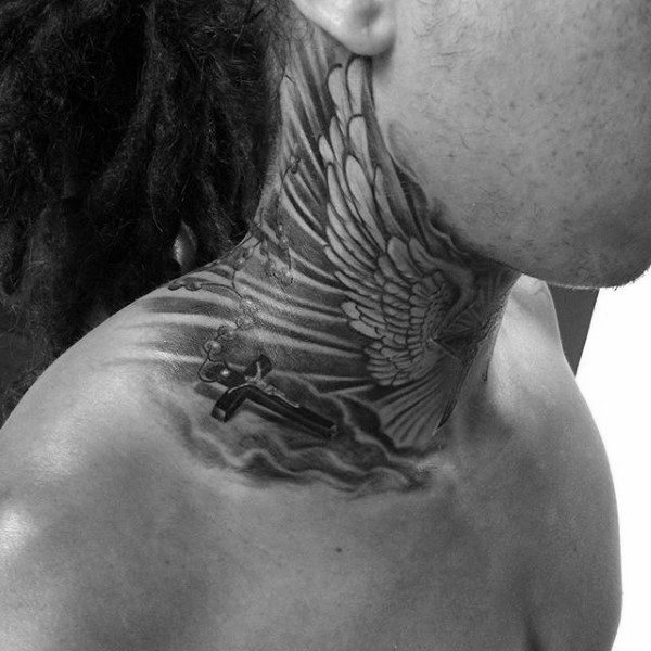 Cross And Rosary Beads Guys Tattoo Designs On Upper Neck With Wings