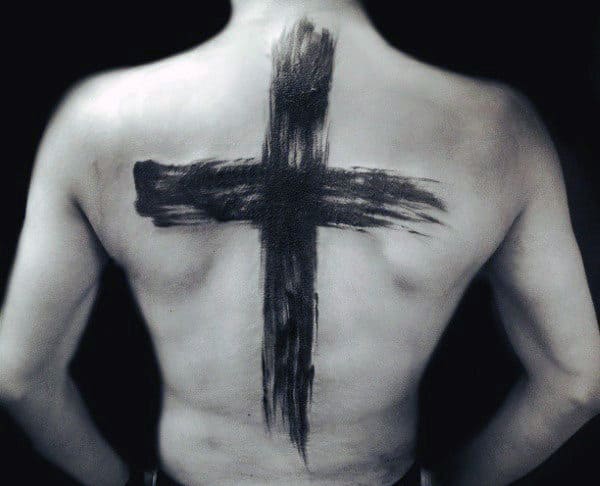 Cross Brush Stroke Mens Back Tattoos