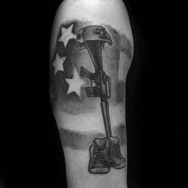 Cross Fallen Soldier Male Arm Tattoo With Negative Space American Flag