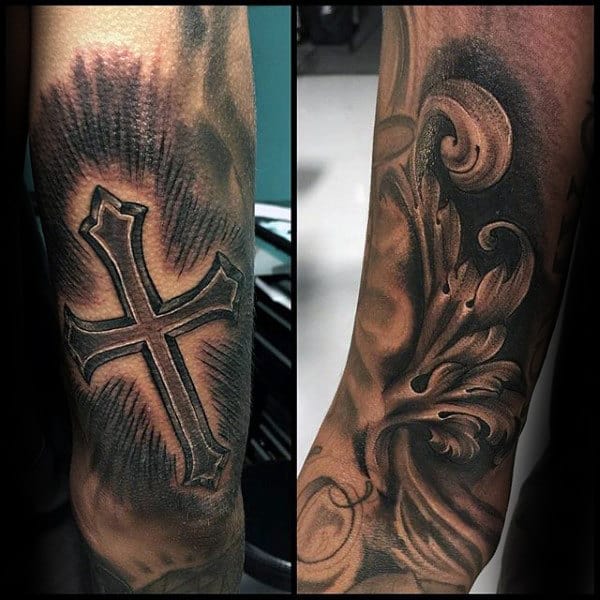 Cross Filigree Mens Outer Forearm Tattoo Designs