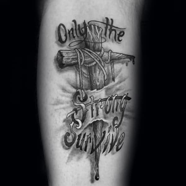 Cross Only The Strong Survive Mens Forearm Tattoo