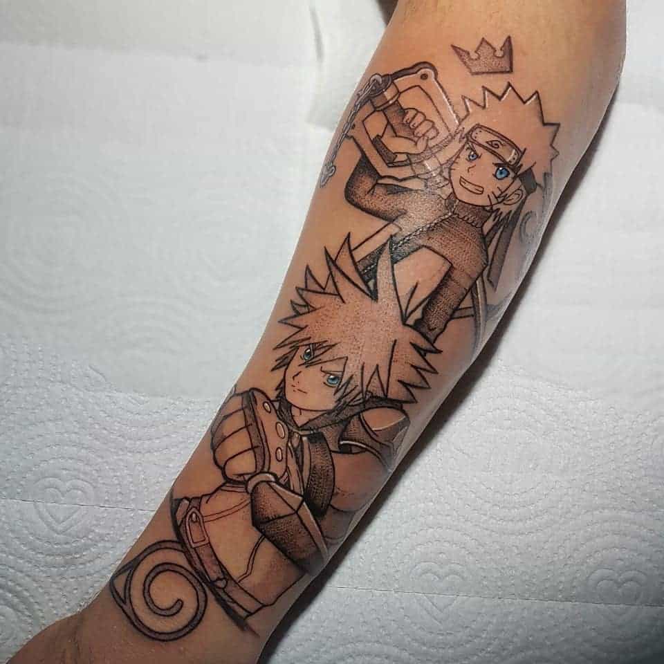 Black and grey tattoo featuring Sora from Kingdom Hearts and Naruto Uzumaki from Naruto, with blue eyes and a crown symbol above them.