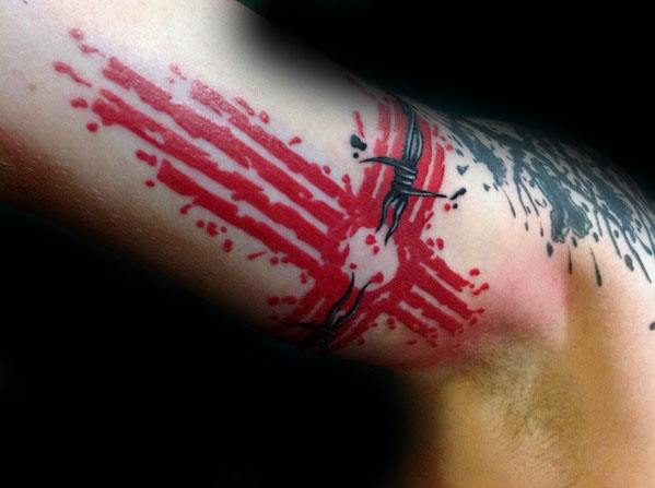 Cross Paint Splatter Inner Arm Zia Male Tattoo Designs