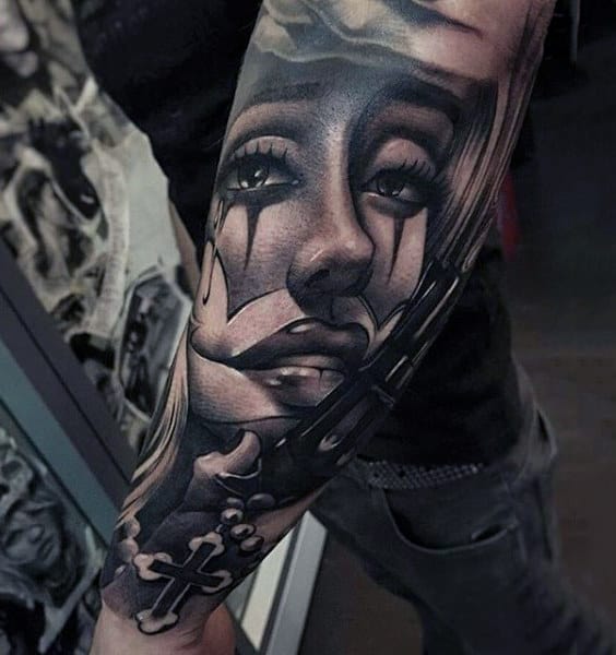 Cross Portrait Male Forearm Sleeve Tattoos