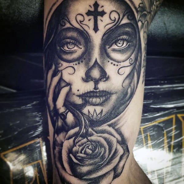 Cross Symbol On Forehead Day Of The Dead Lady Tattoo Mens Arms