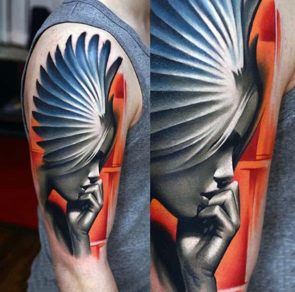 Arm tattoo of a contemplative figure with geometric headwear and vibrant shading