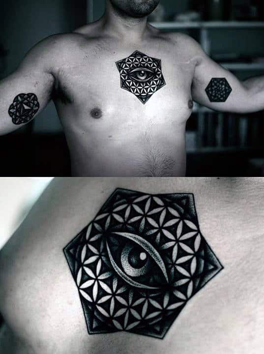 A person with geometric eye tattoos on the chest and arms