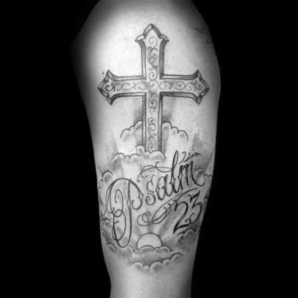 Cross With Clouds And Psalm 23 Mens Arm Tattoo Design Inspiration