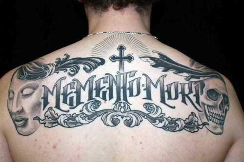 Cross With Memento Mori Mens Upper Back Tattoo Designs