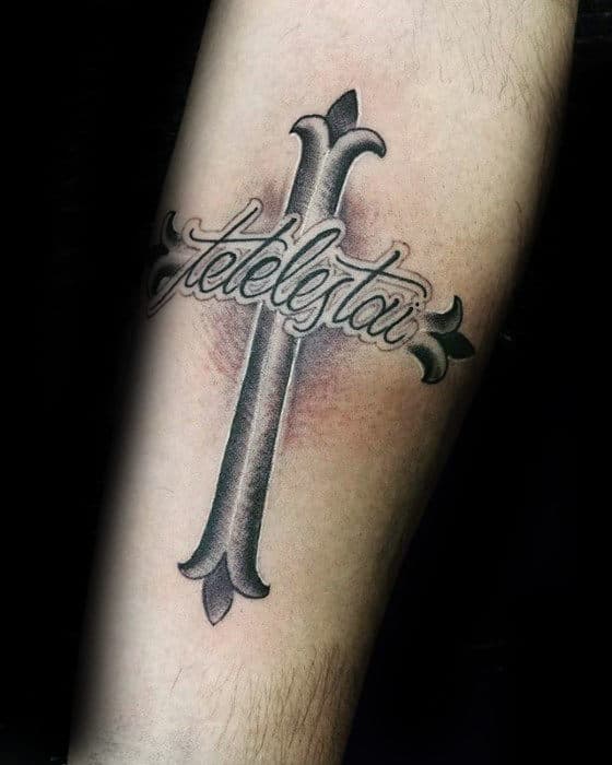 Cross With Script Tetelestai Word Mens Religious Inner Forearm Tattoo