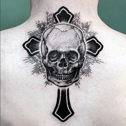 Cross With Skull Insane Dotwork Mens Tattoos On Back