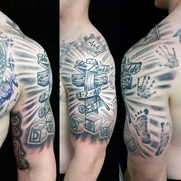 Cross With Toy Blocks Mens Handprint Tattoo Half Sleeve