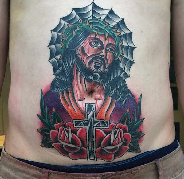 Cross With Traditional Jesus Mens Stomach Tattoo