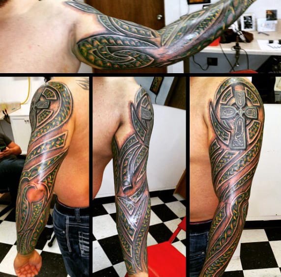 Cross With Tribal Celtic Design Mens Full Sleeve Tattoos