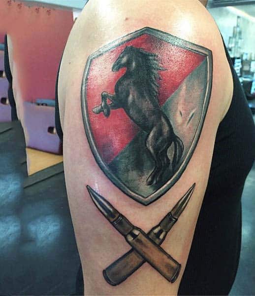 Crossed Bullets Shield Mens Tattoos On Upper Arm