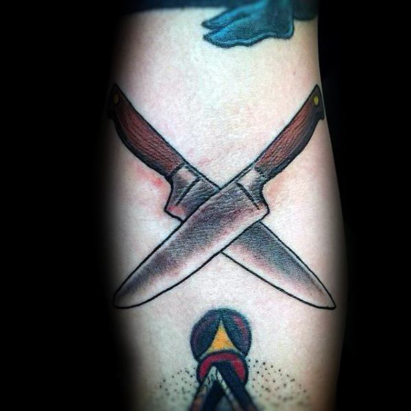 Crossed Chef Knives Masculine Elbow Crease Ditch Tattoos For Men