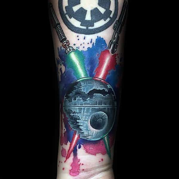Crossed Red And Green Lightsabers Watercolor Wrist Mens Tattoos