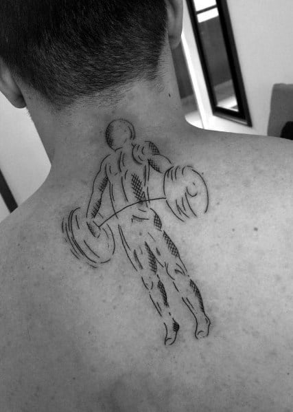Sketch-style tattoo of a weightlifter performing an Olympic lift on the upper back, symbolizing strength, discipline, and dedication to fitness.