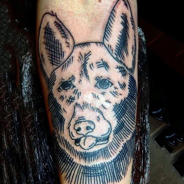 Crosshatch Mens Black Ink Lines Dog Arm Tattoo