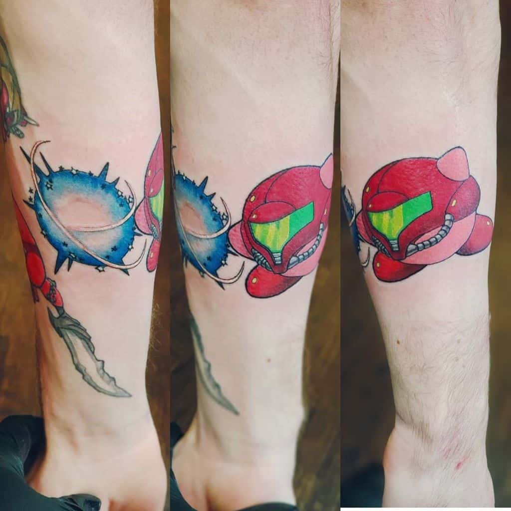 Kirby tattoo dressed as Samus from Metroid, wearing the iconic red helmet with a green visor, a swirling blue portal adds a dynamic effect