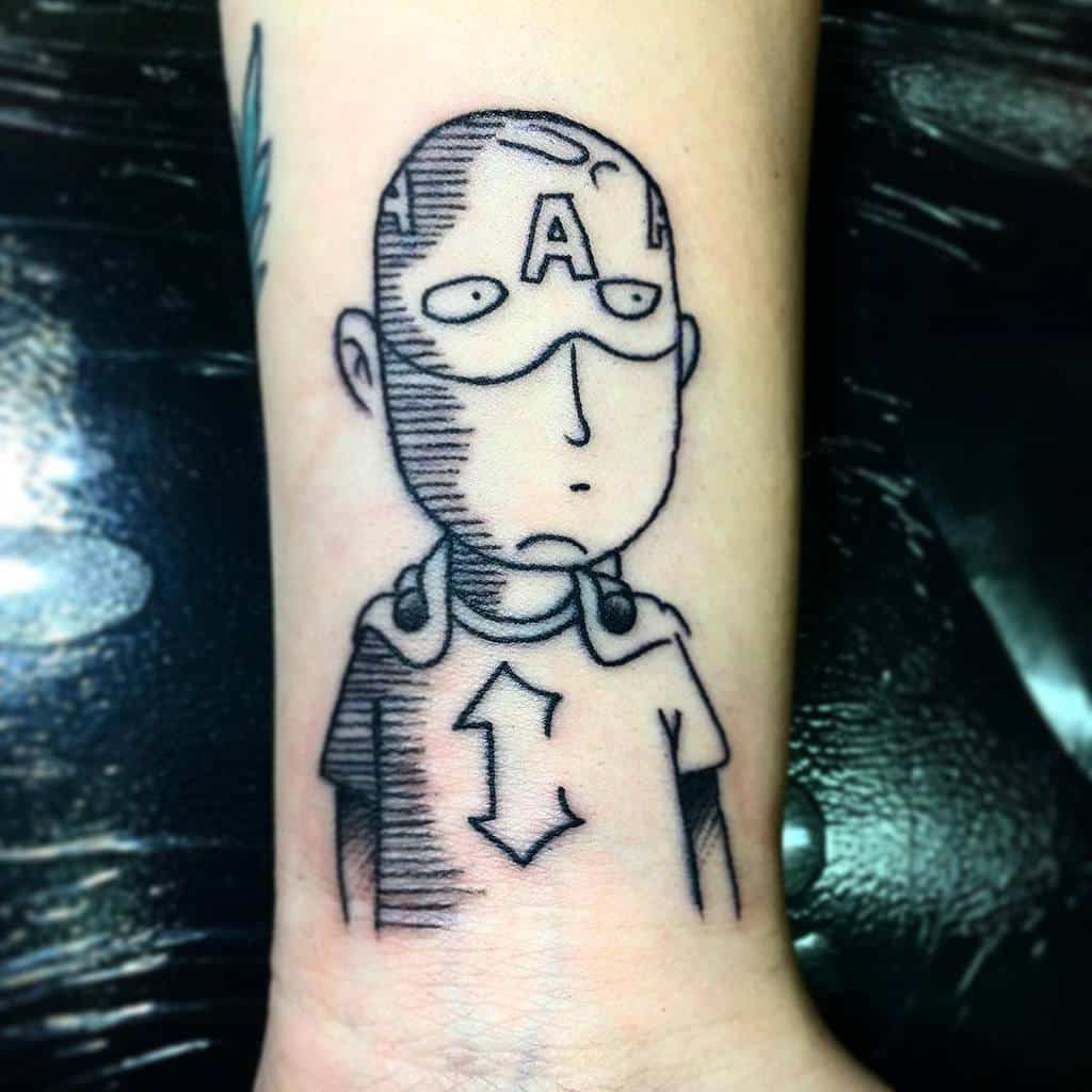 A black and white tattoo of Saitama from One Punch Man humorously reimagined as Captain America, featuring a minimalist sketch style