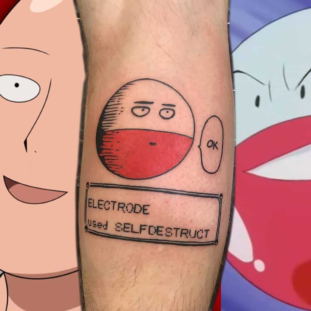 A humorous crossover tattoo of Saitama from One Punch Man as Electrode from Pokémon, with the text "Electrode used Selfdestruct" and his signature "OK" response