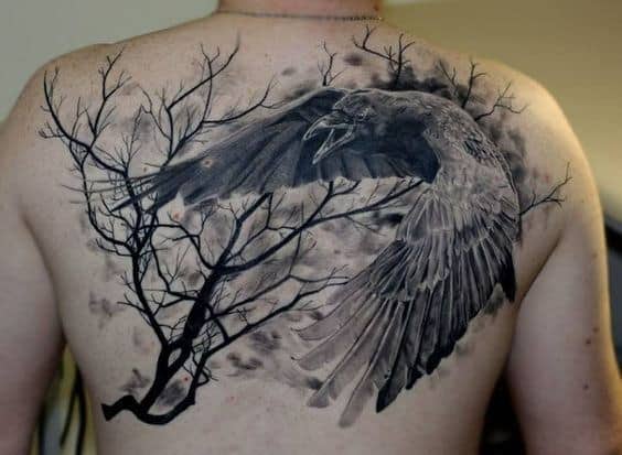 Crow And Tree Mens Shaded Realistic Back Tattoo