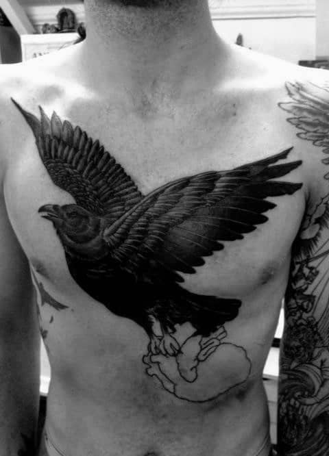 Crow Flying With Heart Upper Chest Tattoos For Gentlemen