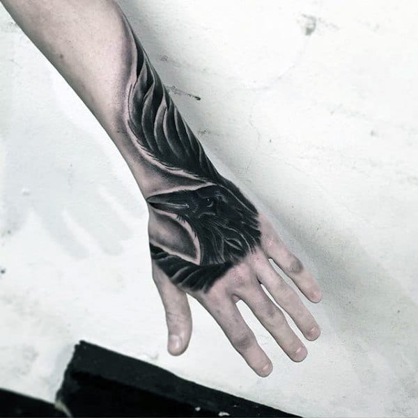 Crow Insane Mens Hand Tattoos