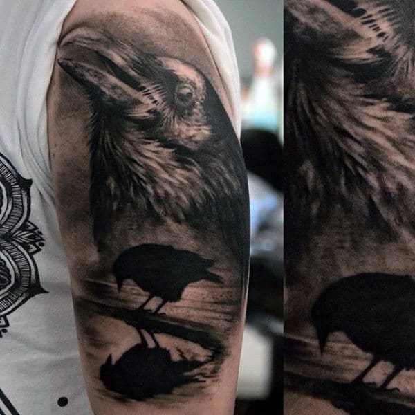 Crow Standing In Water Half Sleeve Tattoos For Men