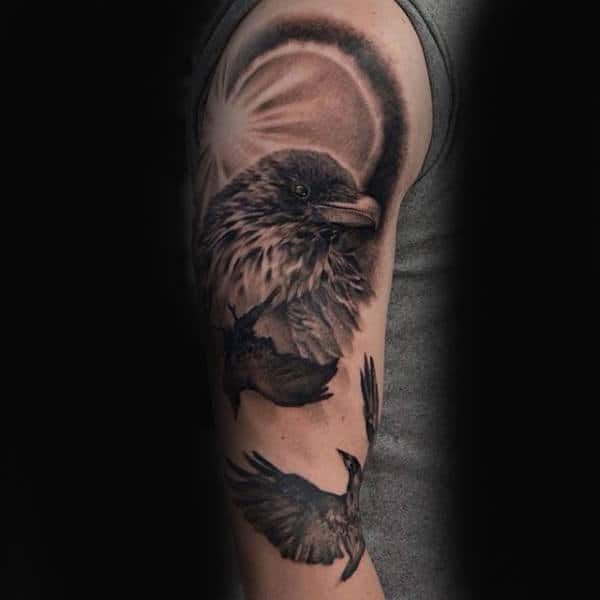 Crow Sun Mens Upper Arm Tattoos
