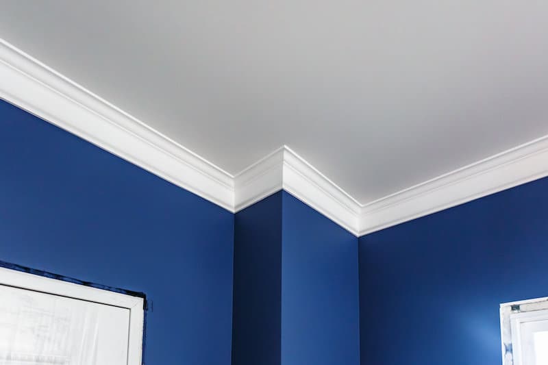 A room corner featuring sharp white crown molding paired with bold blue walls, creating a clean, modern aesthetic