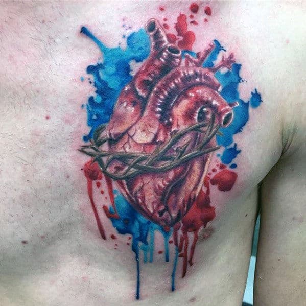 Crown Of Thorns With Heart Watercolor Guys Realistic Chest Tattoo